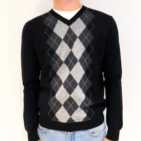 Men's Black Argyle Front Cashmere V-Neck Jumper Medium