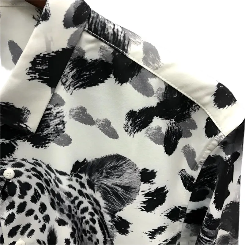 Men's High-Quality Leopard Print Shirt – Fashionable Fall Camiseta Masculina for Social Club Outfits