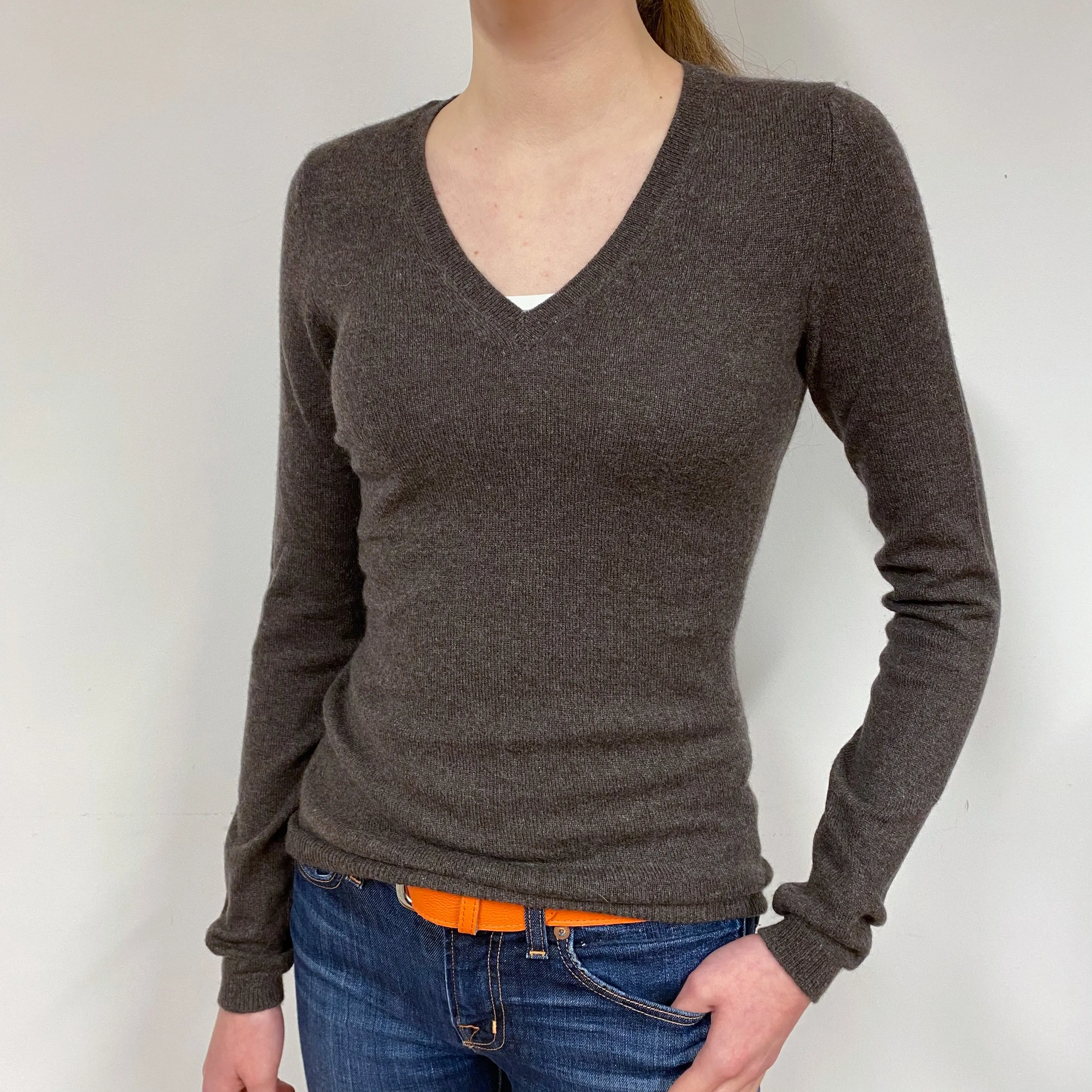 Mole Brown Cashmere V-Neck Jumper Extra Small