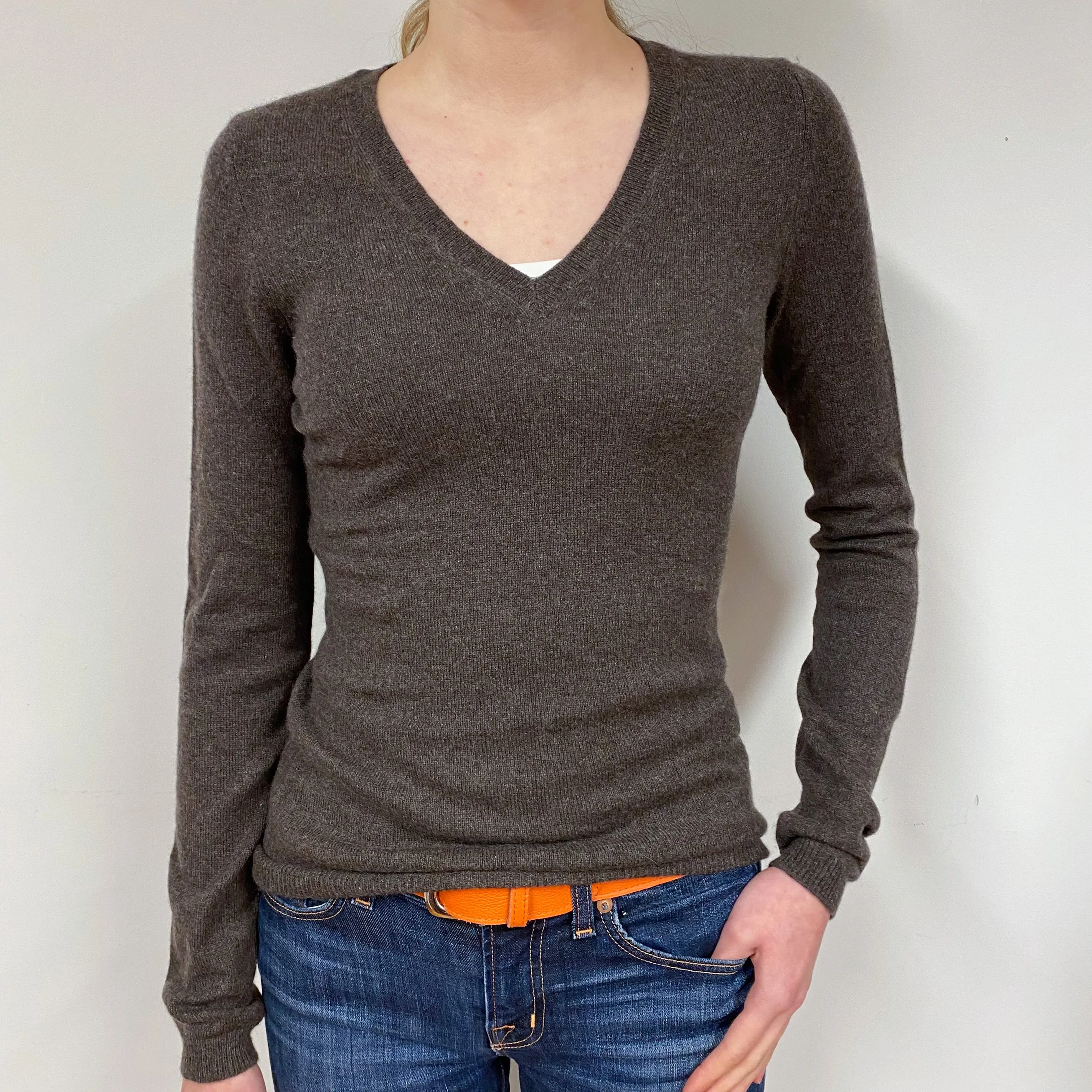 Mole Brown Cashmere V-Neck Jumper Extra Small