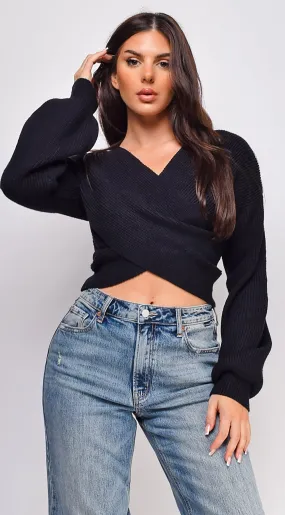 Natasha Cross Over Sweater Top - Black