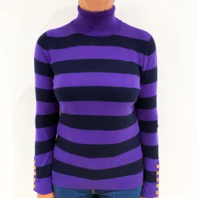 Navy and Pansy Purple Striped Cashmere Polo Neck Jumper Medium