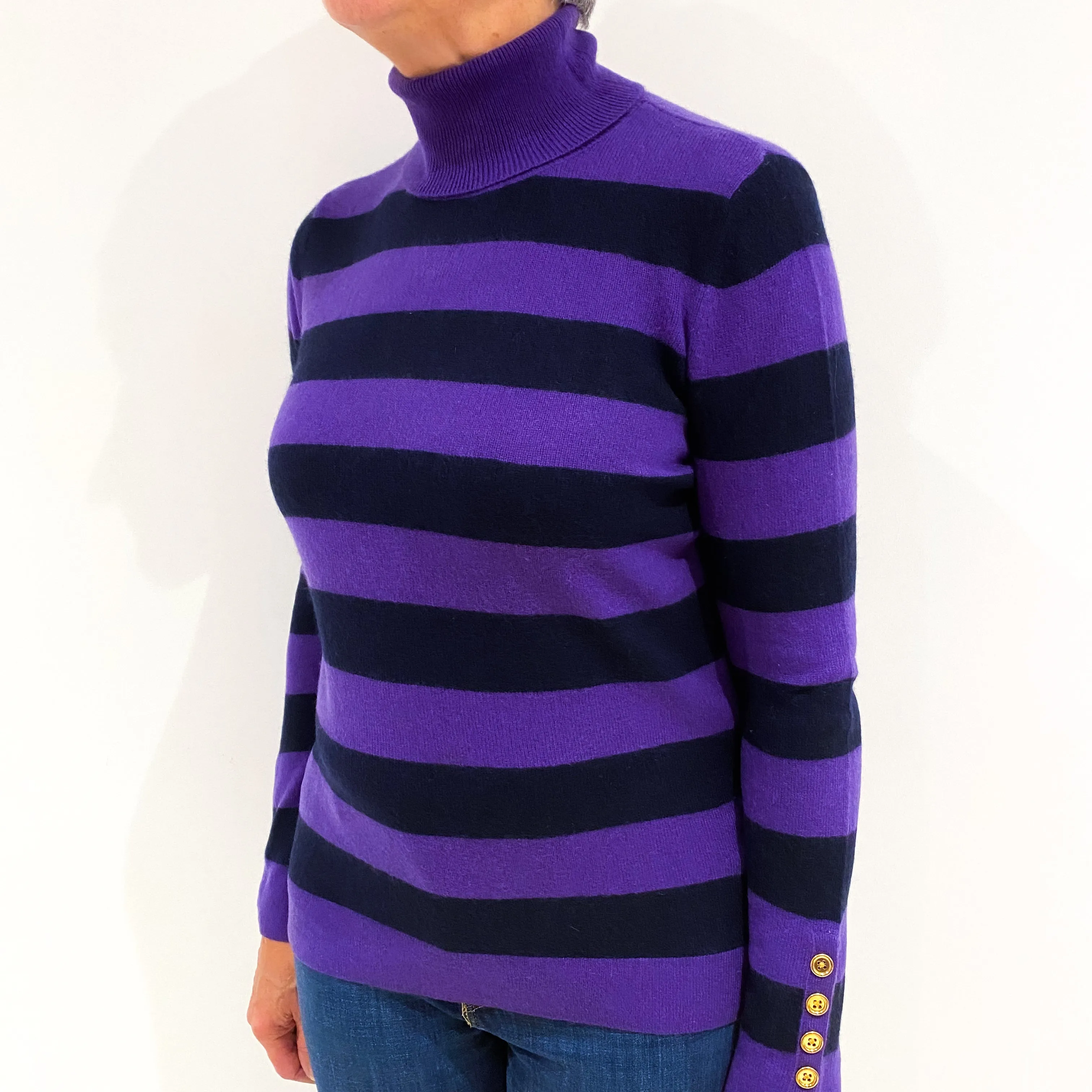 Navy and Pansy Purple Striped Cashmere Polo Neck Jumper Medium