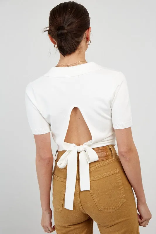 Off White Tieback Sweater Crop
