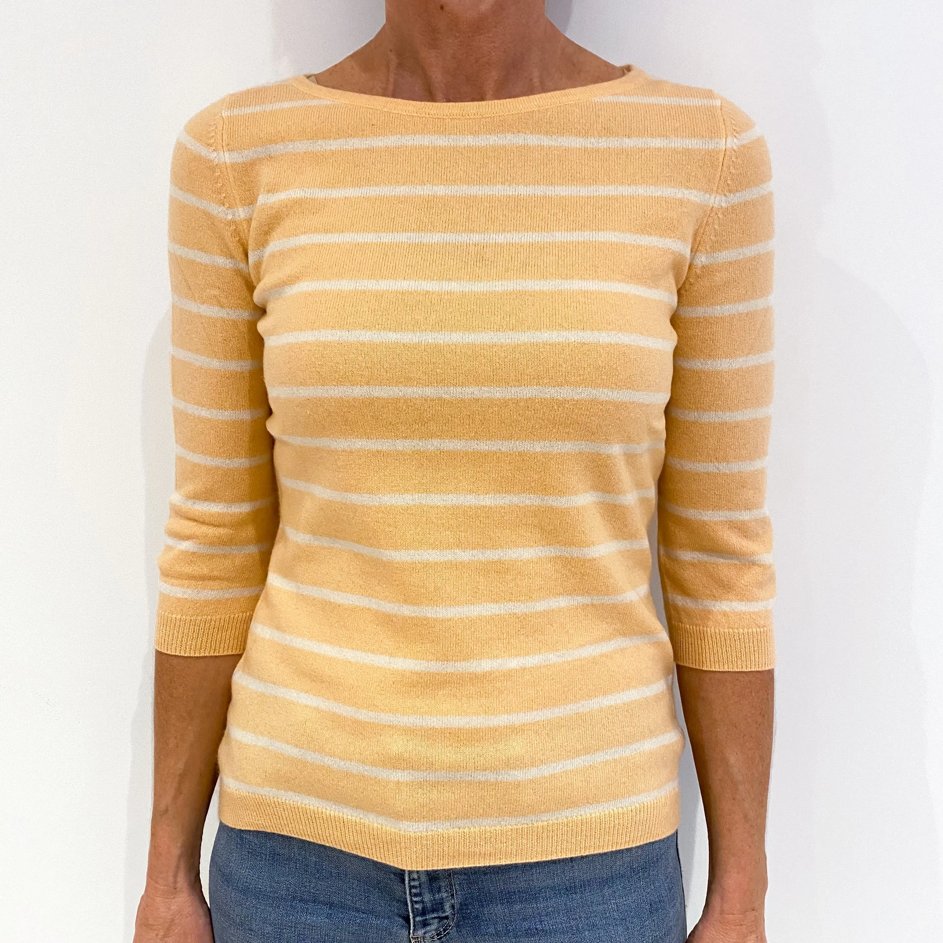 Peach White Stripe Cashmere Crew Neck Jumper Small
