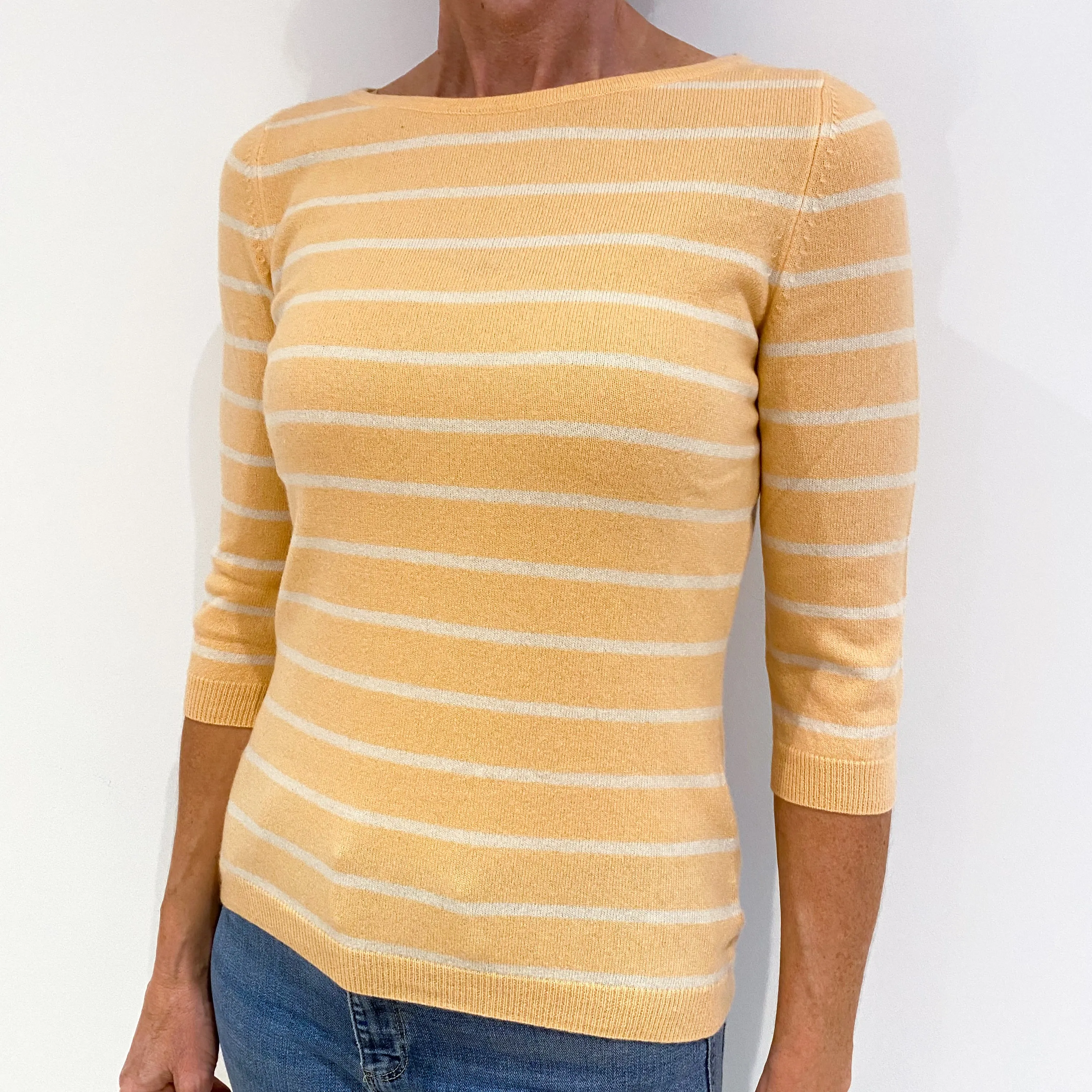 Peach White Stripe Cashmere Crew Neck Jumper Small