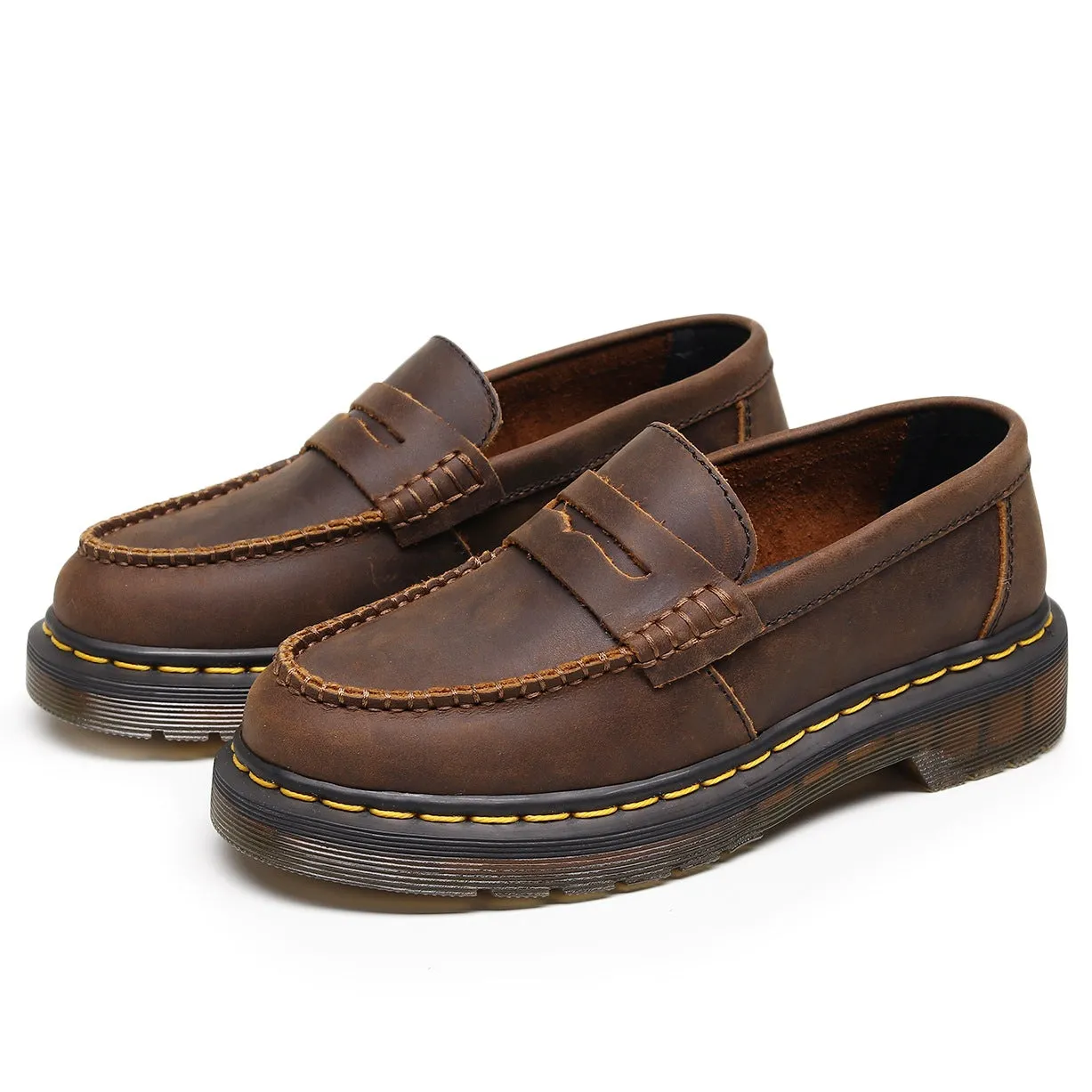 PEOPLETERRITORY Aberdeen first-layer loafer shoes fashion women's commuter leather low-top small leather shoes Crazy horse brown fashion student leisure