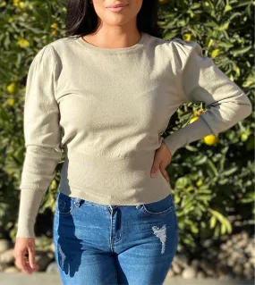 Ribbed Puff Sleeve Mock Neckline Sweater Top (sage)