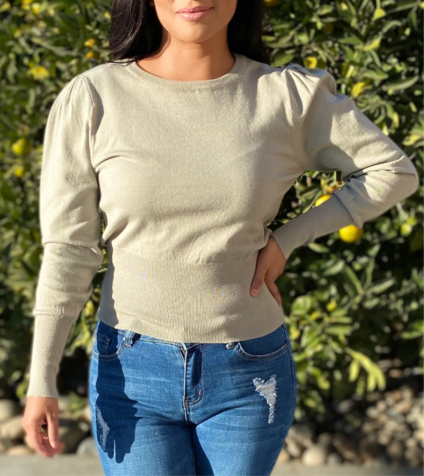 Ribbed Puff Sleeve Mock Neckline Sweater Top (sage)