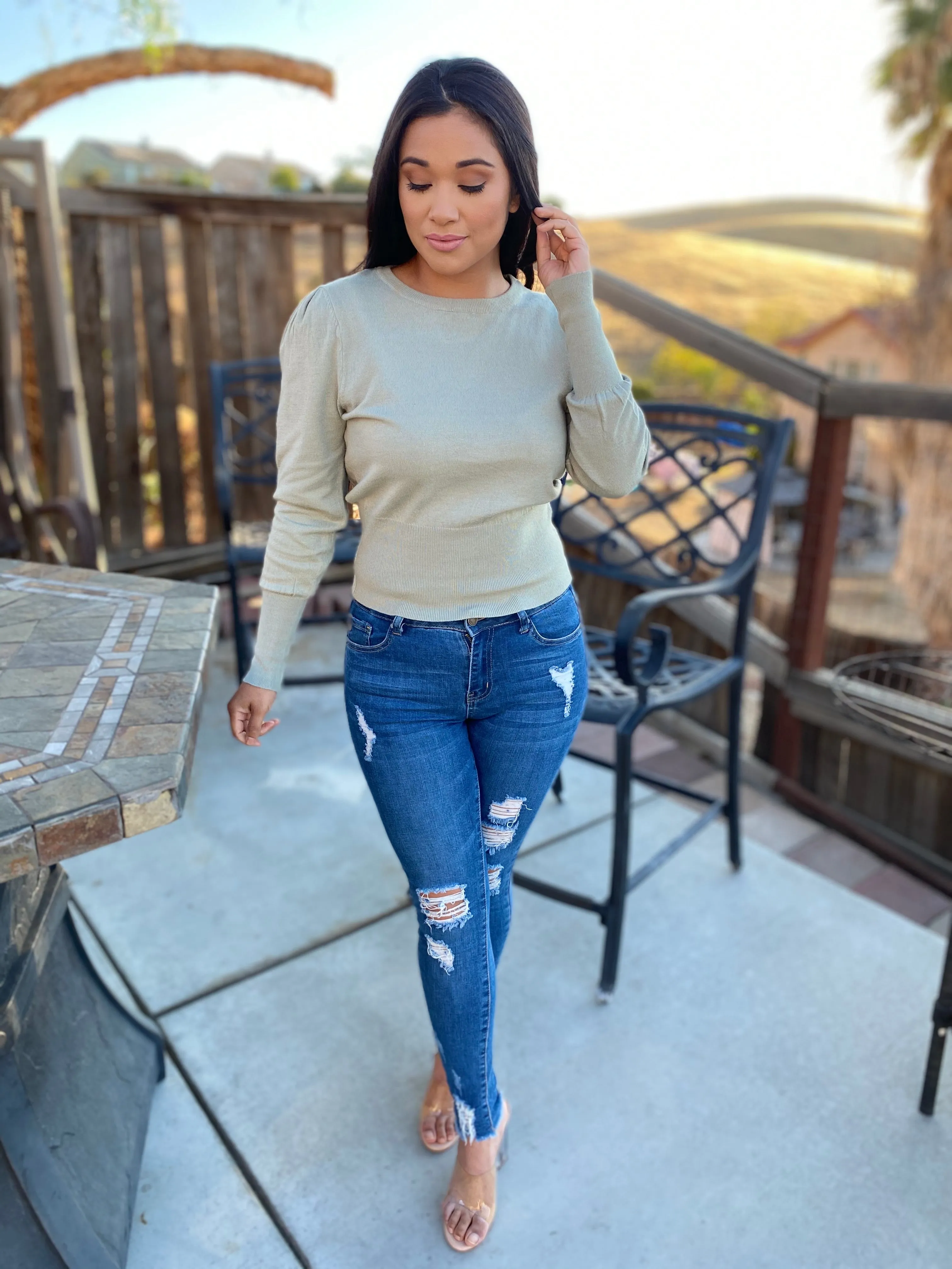 Ribbed Puff Sleeve Mock Neckline Sweater Top (sage)