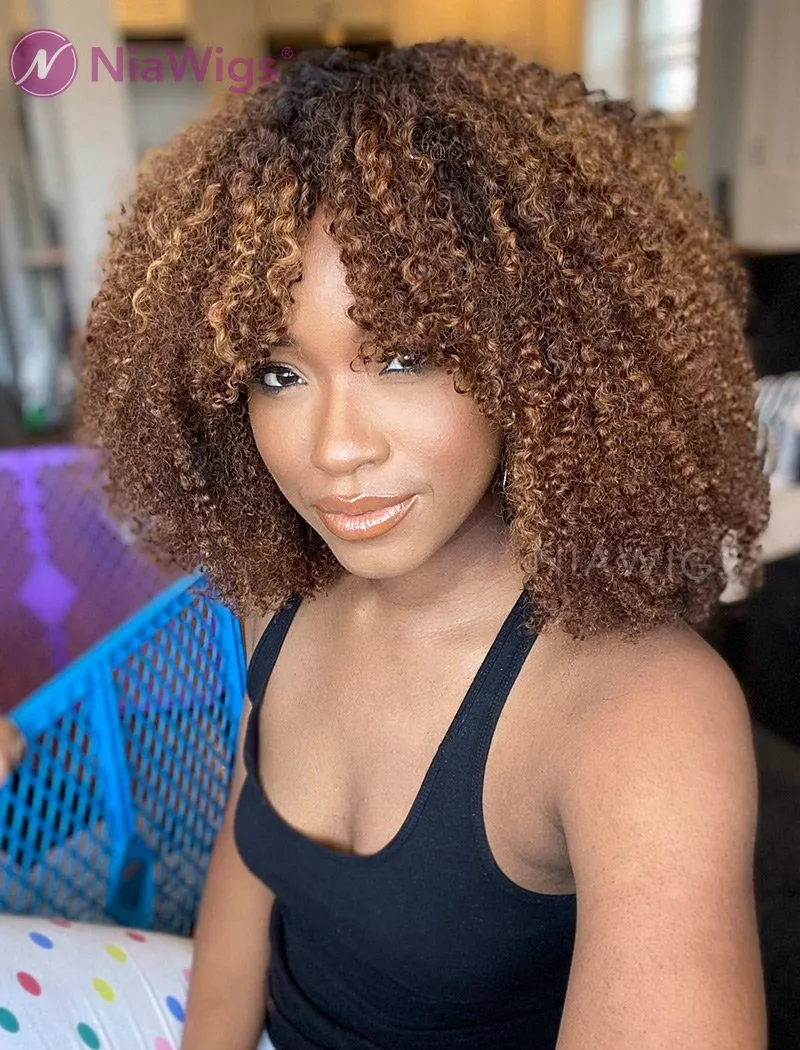 Scalp Top Wig Afro Kinky Curly Human Hair Wigs With Bangs Machine Made
