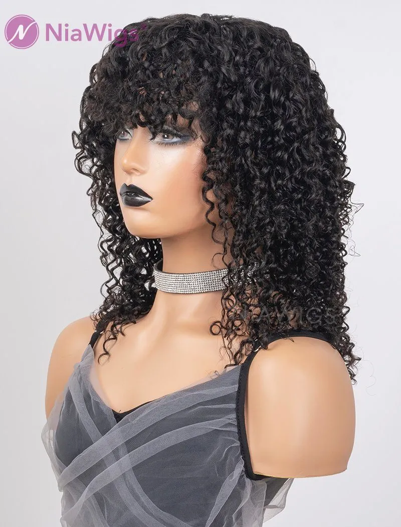 Scalp Top Wig Fashion Curly Human Hair Wigs With Bangs Machine Made