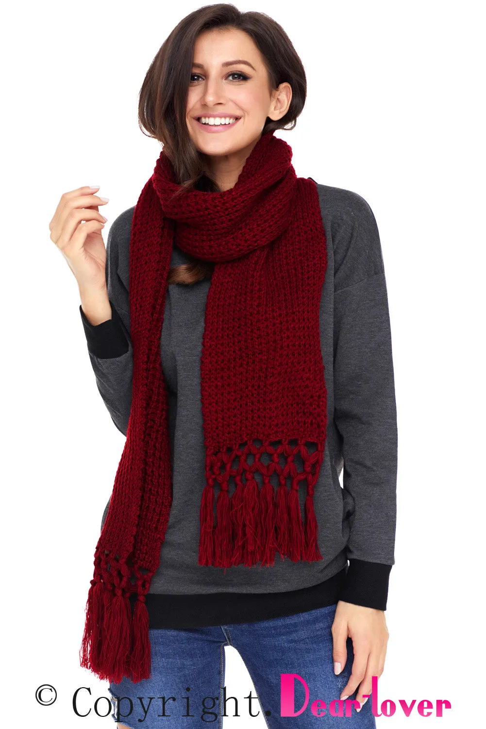 Sexy Burgundy Cozy Chunky Knit Tassel Scarf