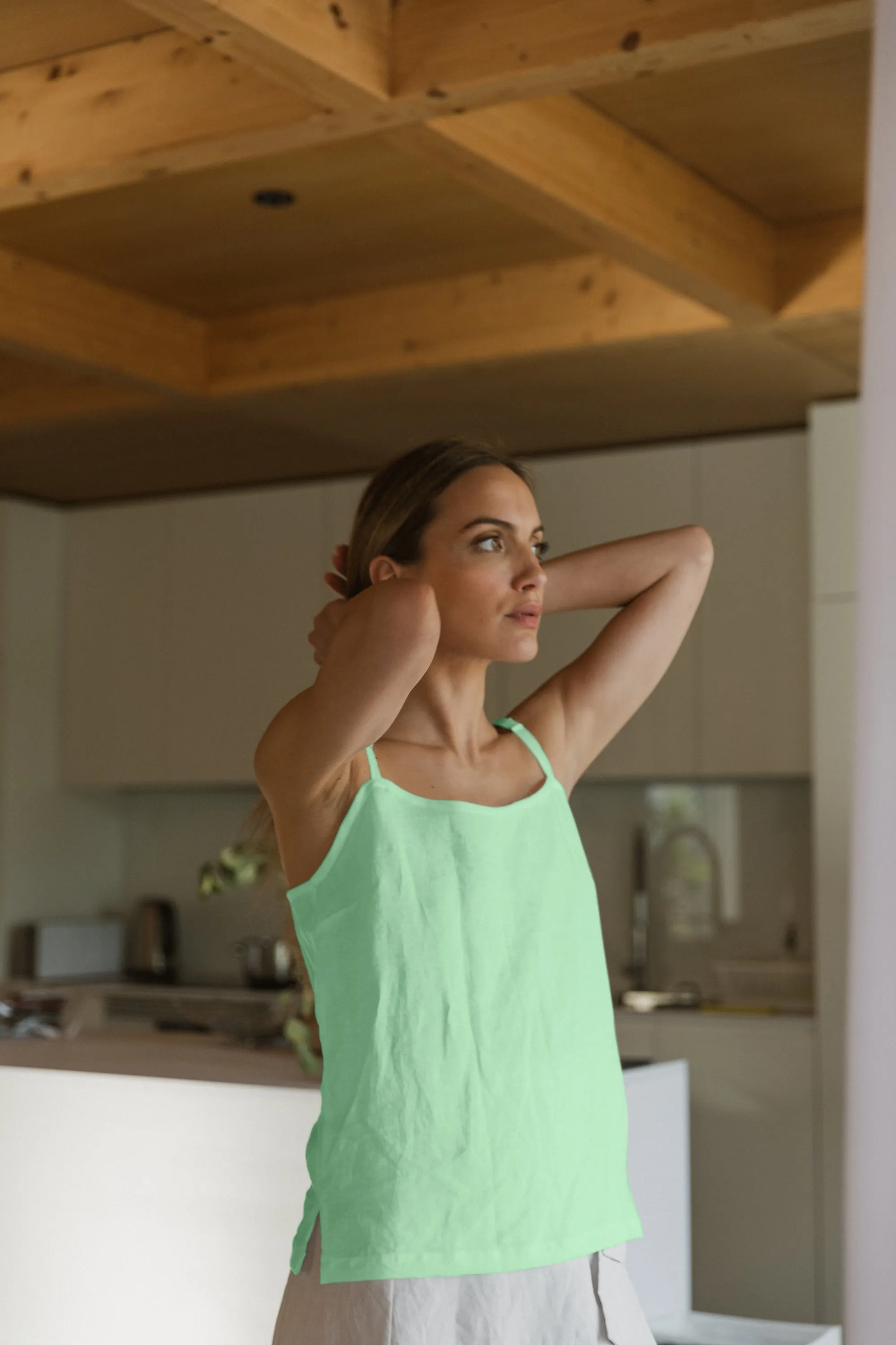 Short mint green linen nightie with straps - Mariane