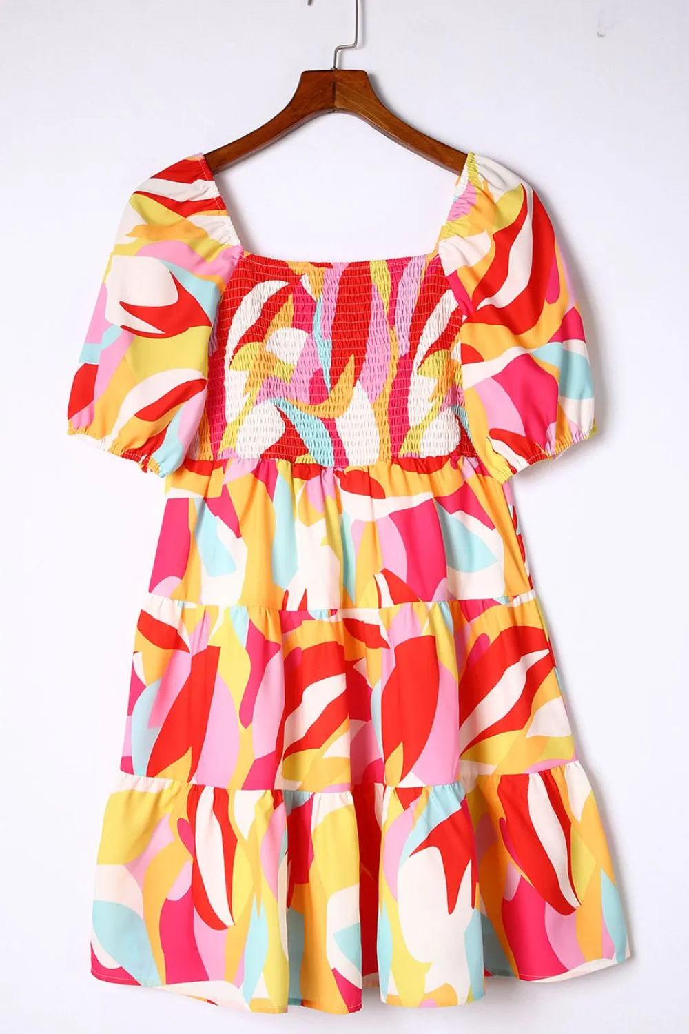 Smocked Printed Puff Sleeve Mini Dress