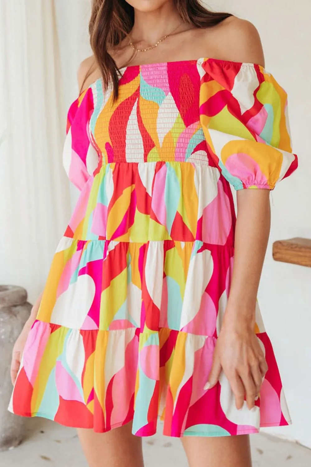 Smocked Printed Puff Sleeve Mini Dress