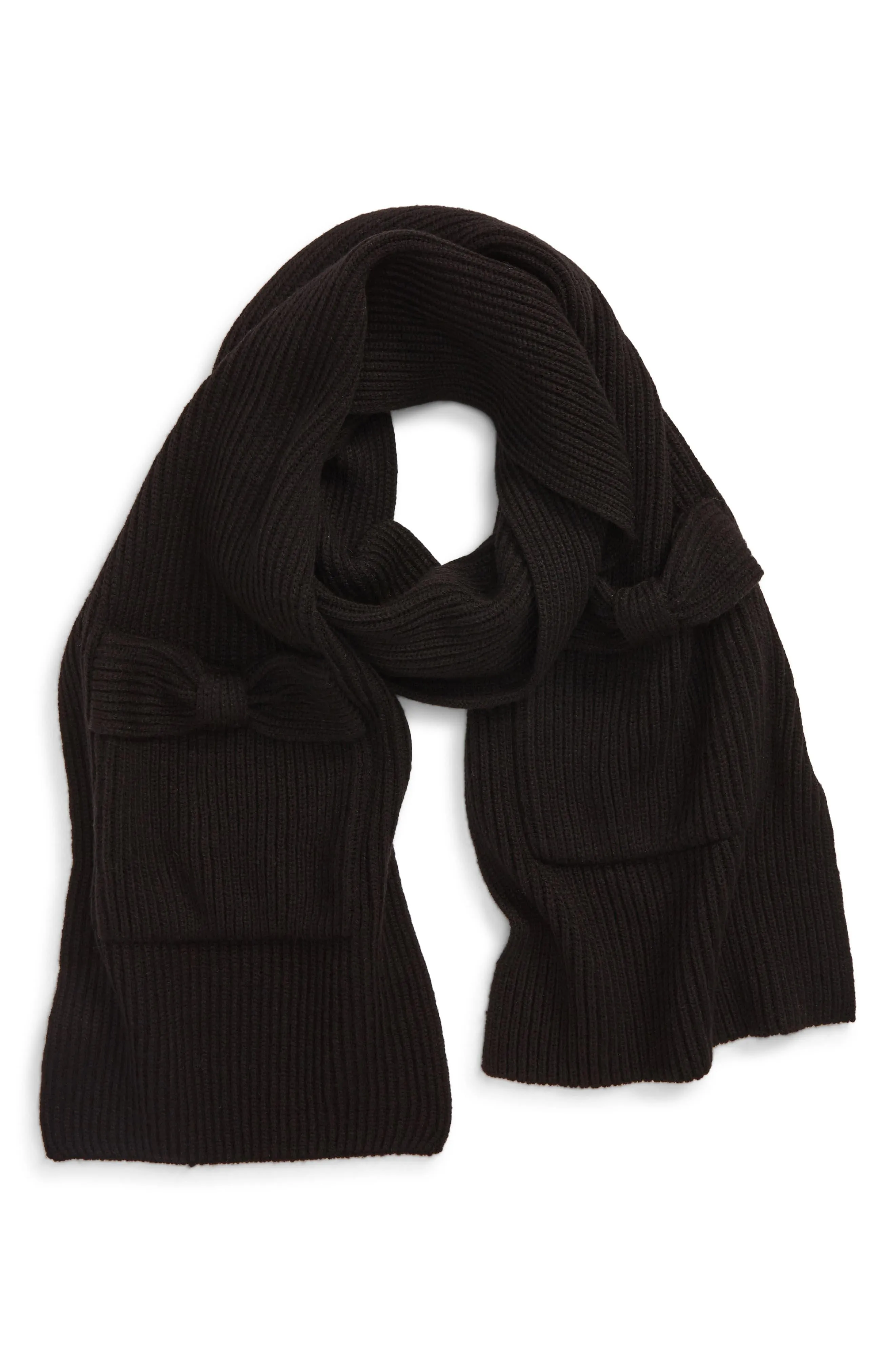 solid bow knit scarf KATE SPADE NEW YORK! Black! Pockets on both ends of the scarf, super stylish! Retails $80US 