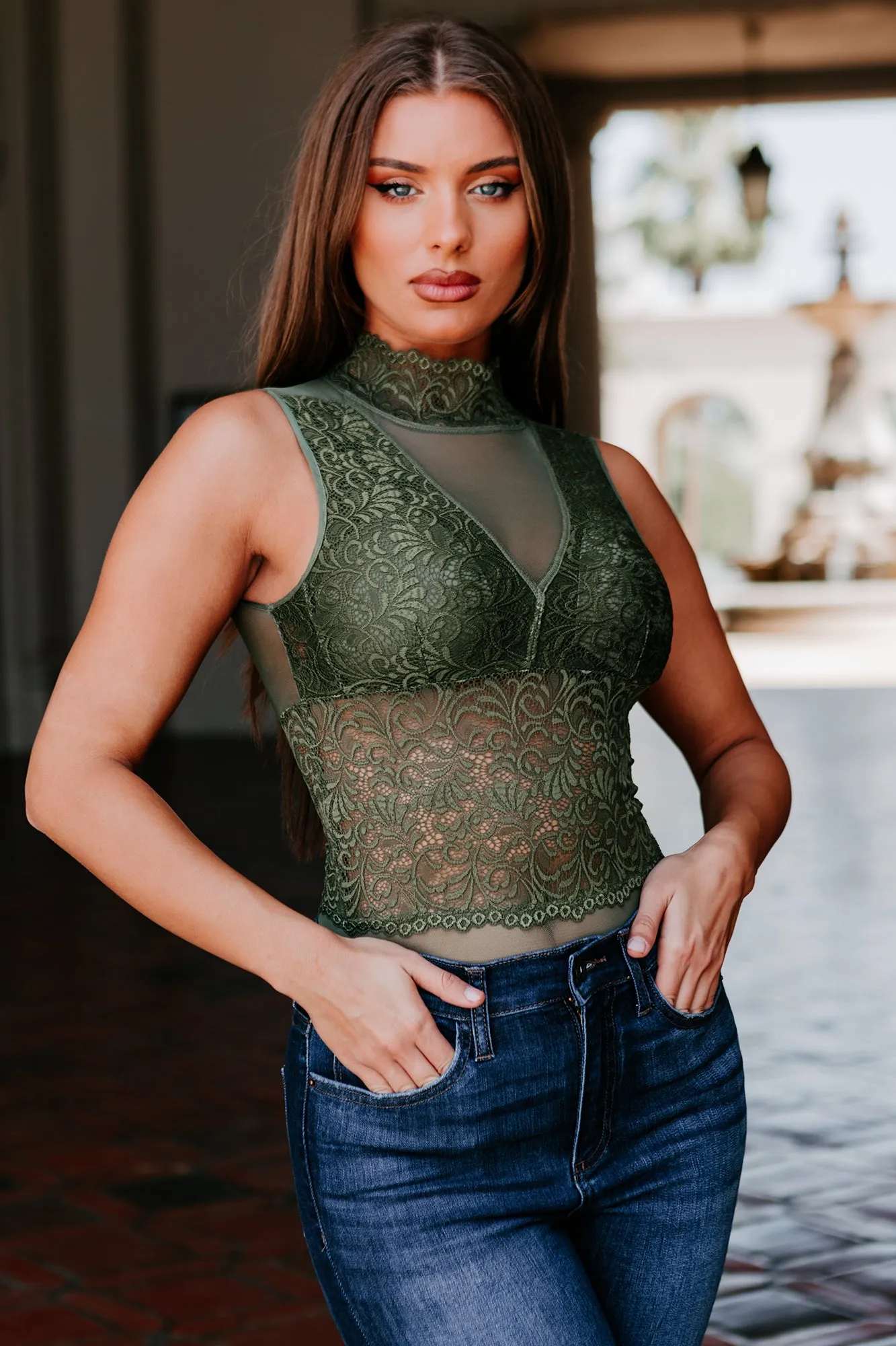 Stay Beautiful Lace Bodysuit (Olive)