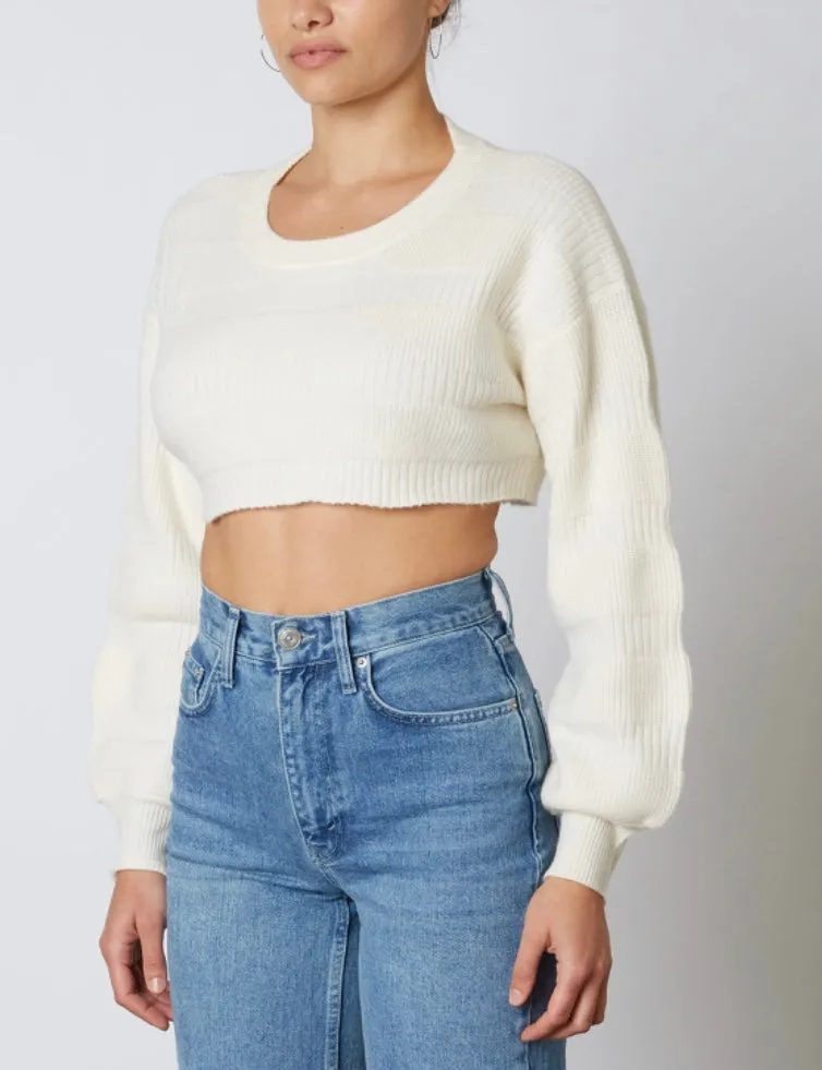 Thick Texture Ribbed Crew Neck Drop Shoulder Crop Sweater