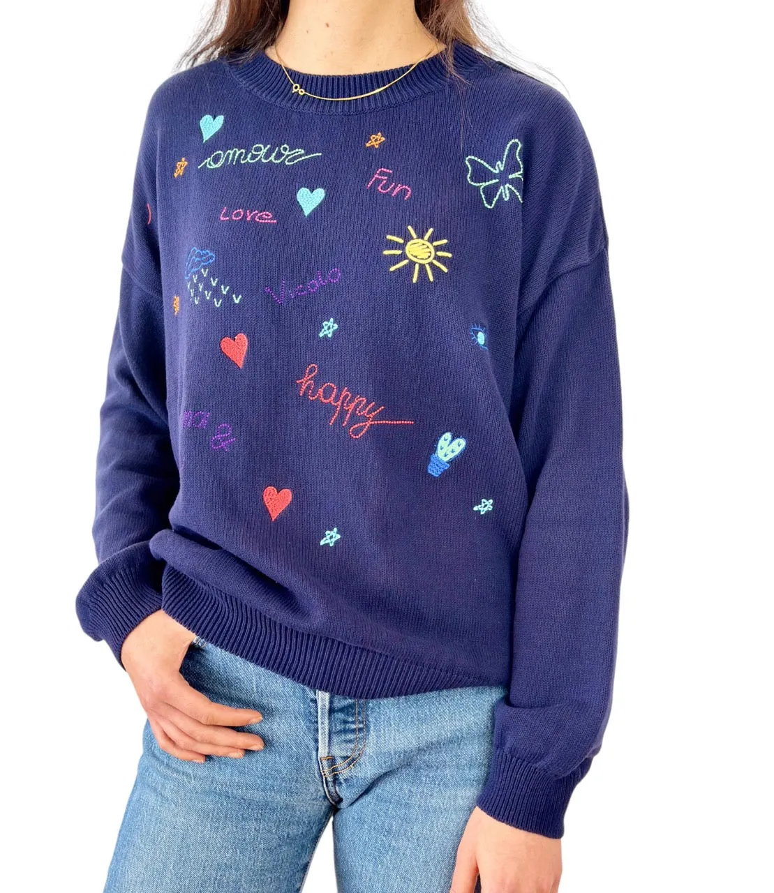 Vicolo blue embroidered stamps cotton pullover