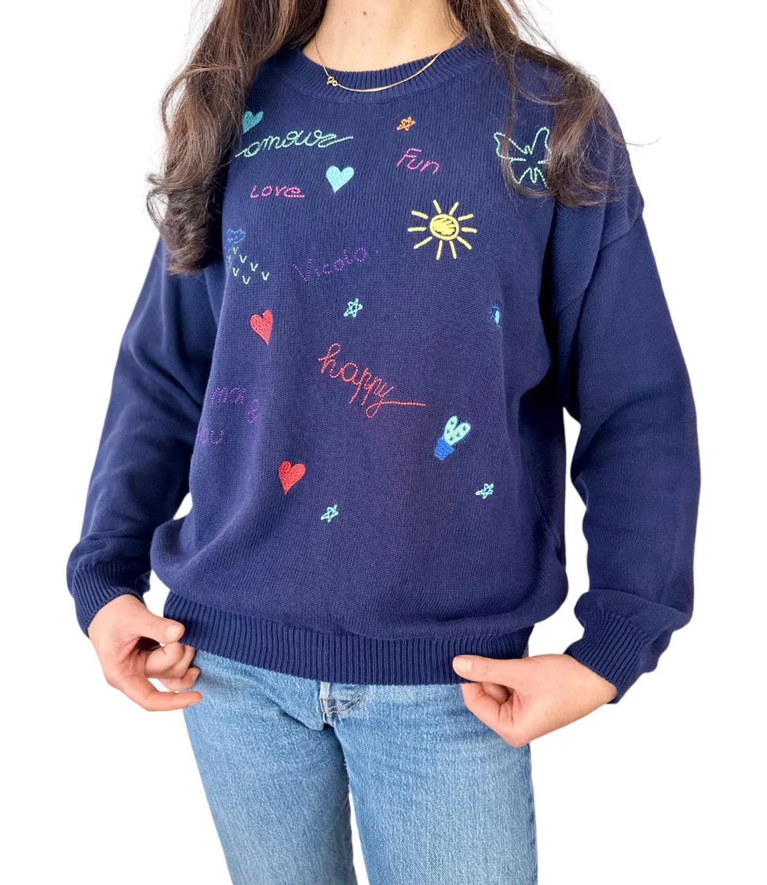 Vicolo blue embroidered stamps cotton pullover