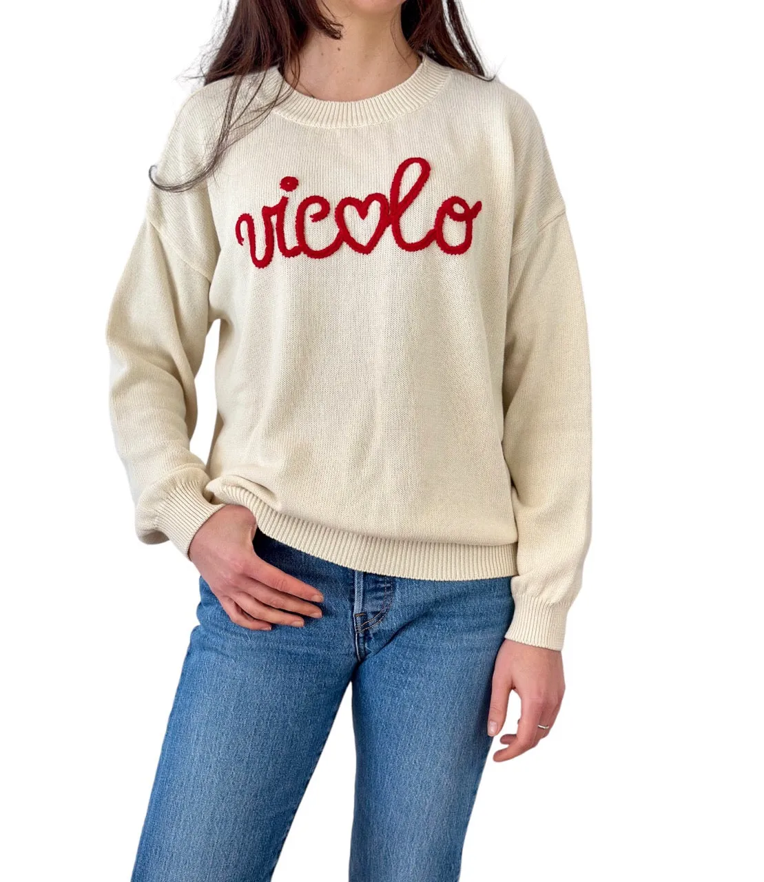 Vicolo cream embroidered logo cotton pullover