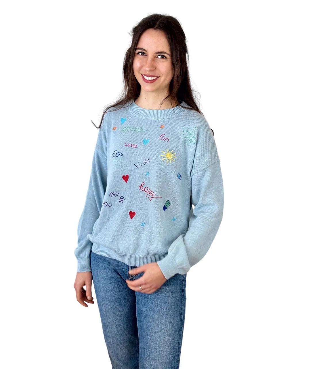Vicolo light blue embroidered stamps cotton pullover