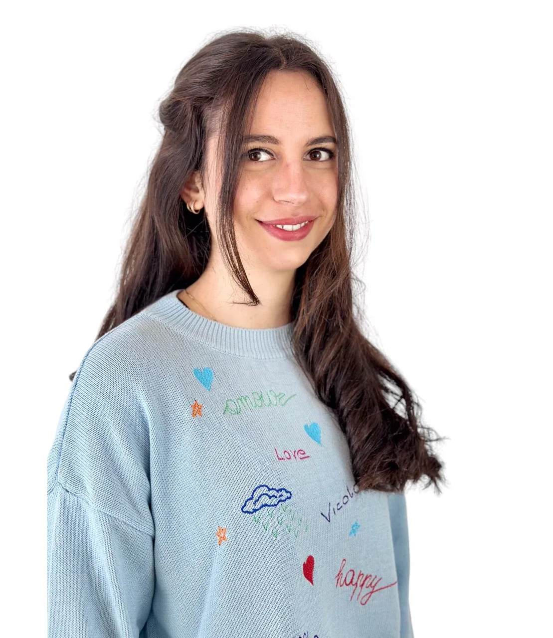 Vicolo light blue embroidered stamps cotton pullover