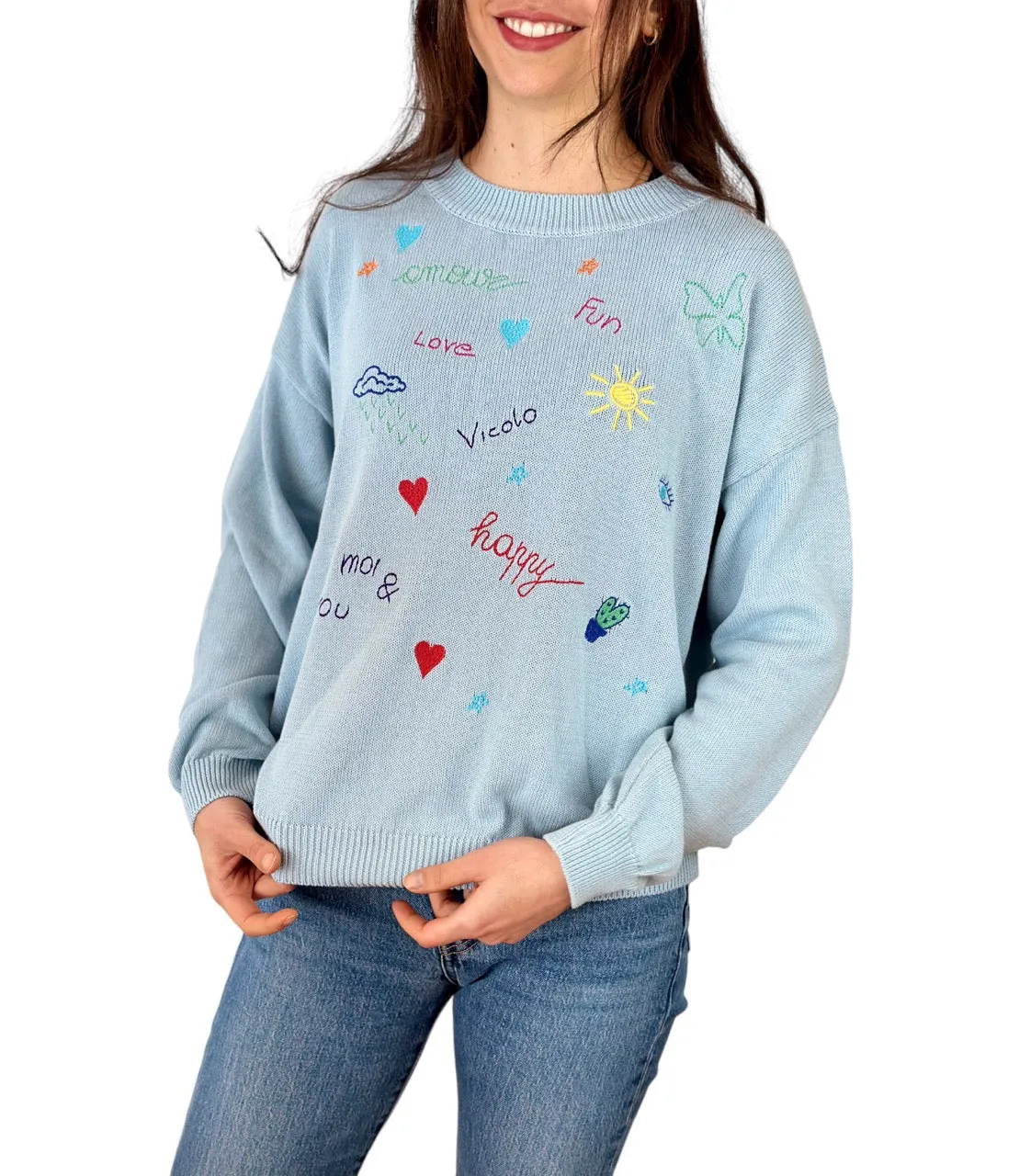 Vicolo light blue embroidered stamps cotton pullover