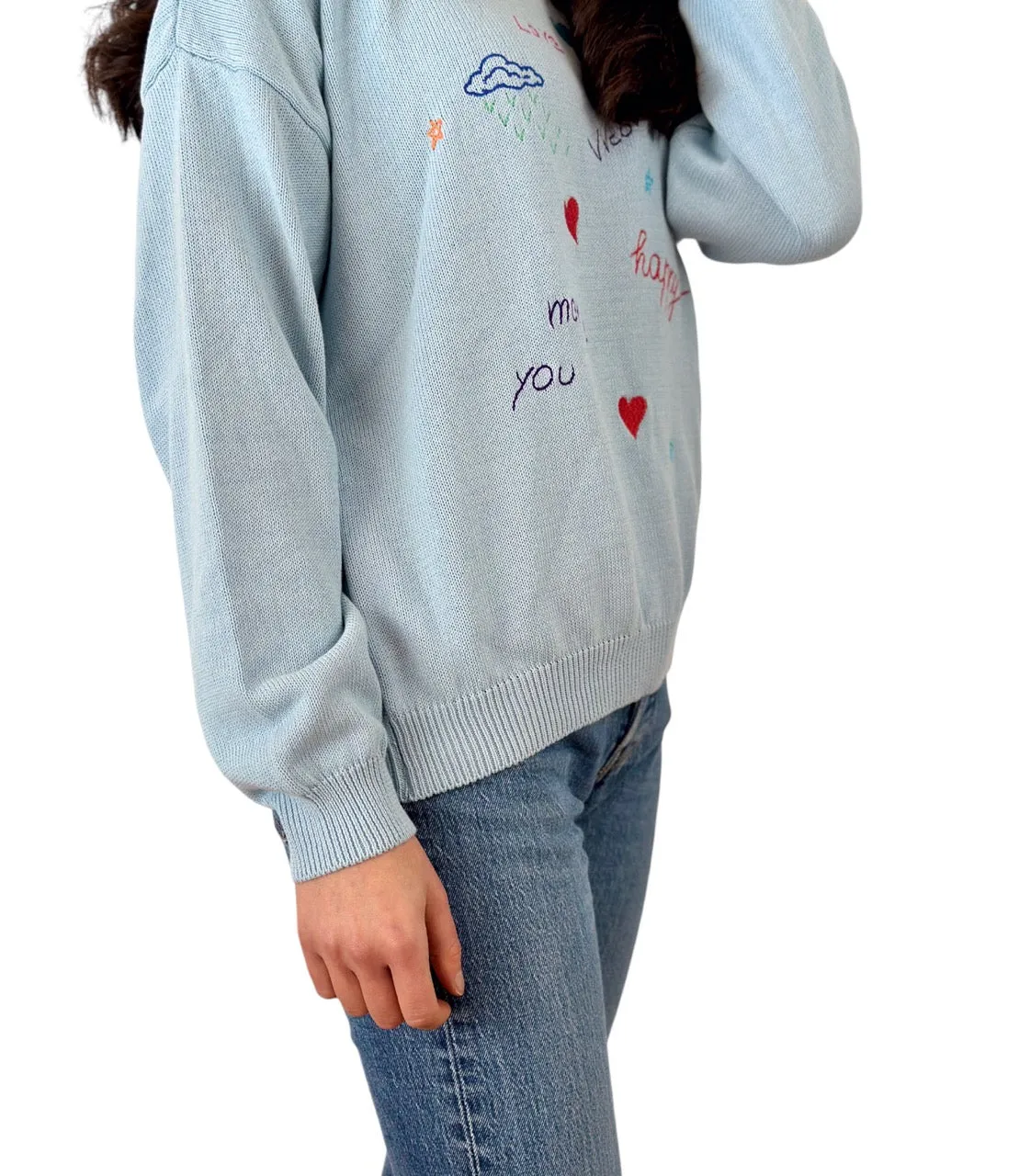 Vicolo light blue embroidered stamps cotton pullover