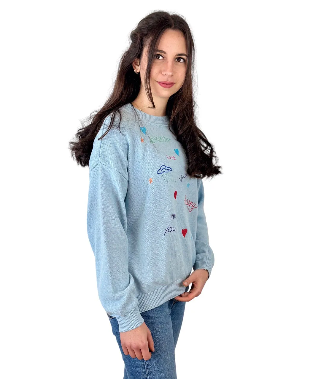 Vicolo light blue embroidered stamps cotton pullover