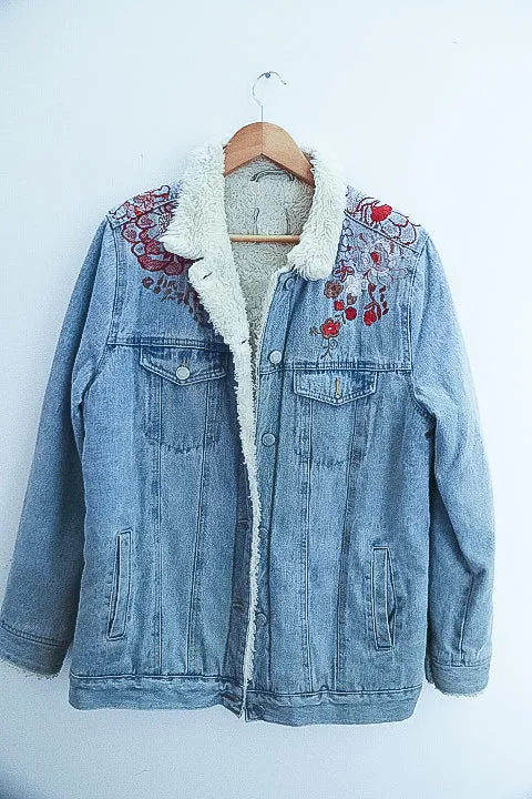 Vintage Faux fur denim floral print blue jacket