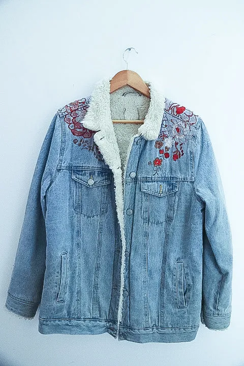 Vintage Faux fur denim floral print blue jacket