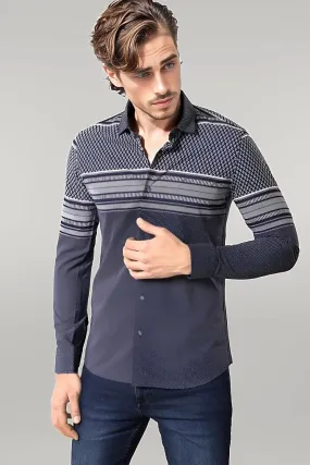 WSS Patterned Navy Blue Men Shirt  - Singen